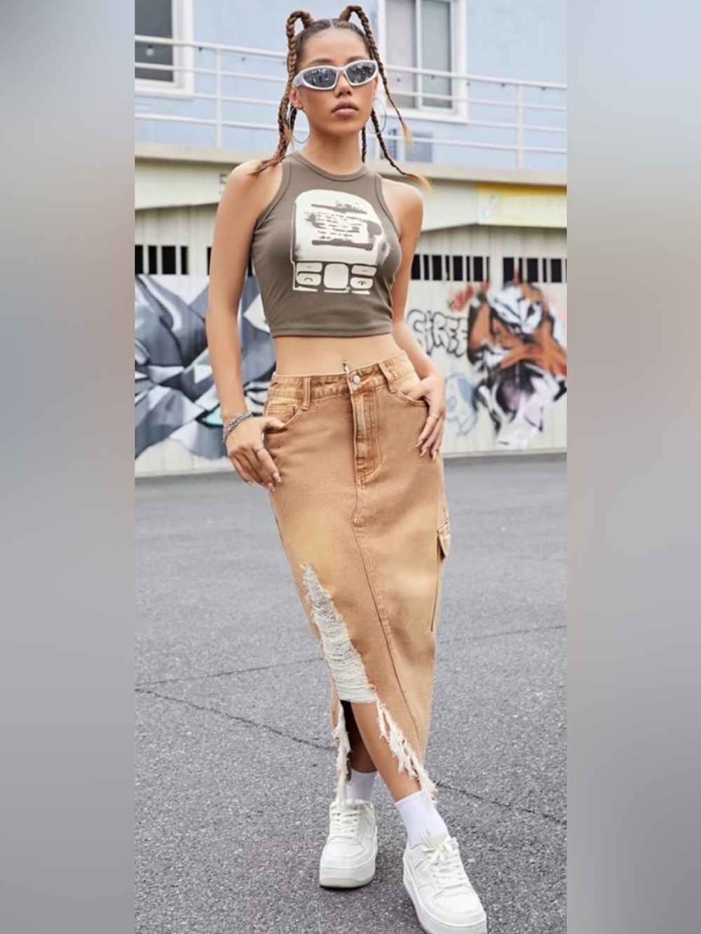 #1272 Tan Jean Skirt with distressing in front